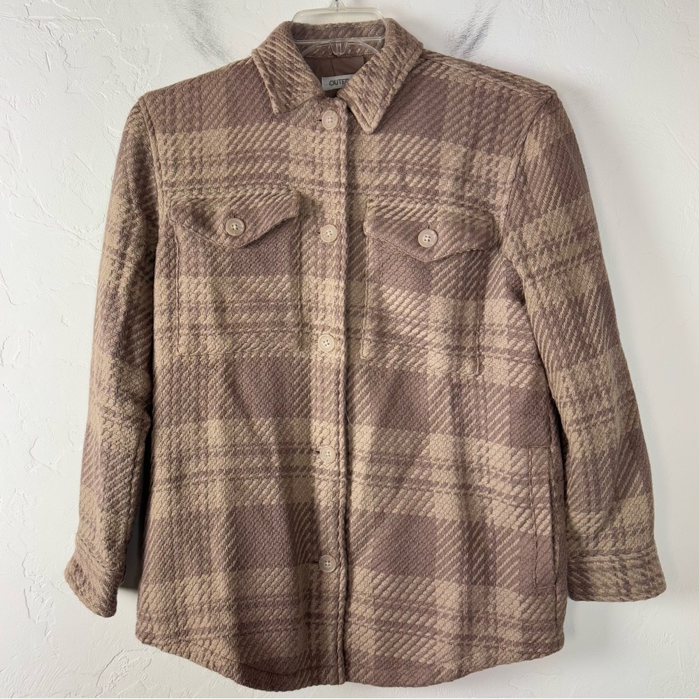 Outerknown Jacket Coat Shacket Plaid Brown Tan Beige Lined Button Down Knit